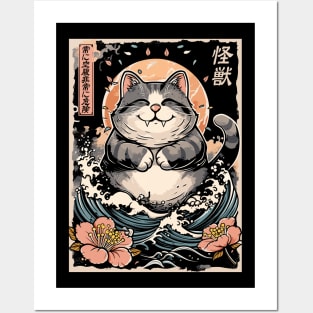 Japanese Kaiju Cat Neko Zilla Sea Wave, Men, Women, Kids Posters and Art